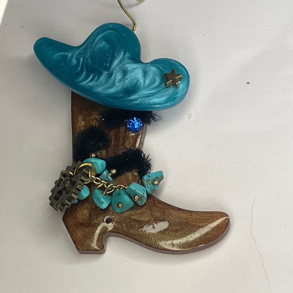 Handmade Turquoise and Brown Cowboy Boot Ornament Window Decor